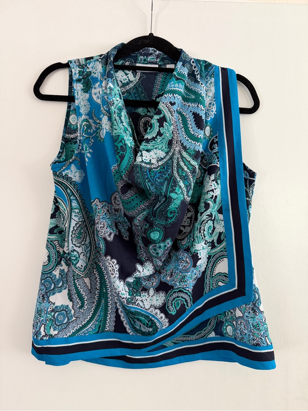 New York & Company Teal Paisley Cowl Neck Sleeveless Top